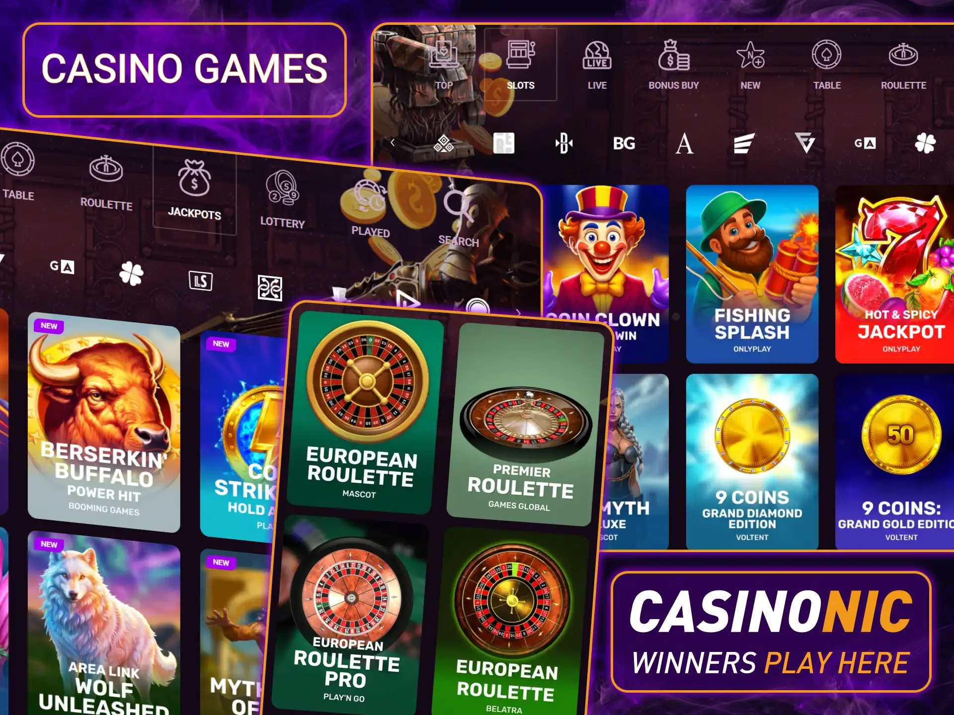Browse through a world-class selection of casino games, featuring top-tier slots, progressive jackpots, and live dealer experiences at Casinonic.