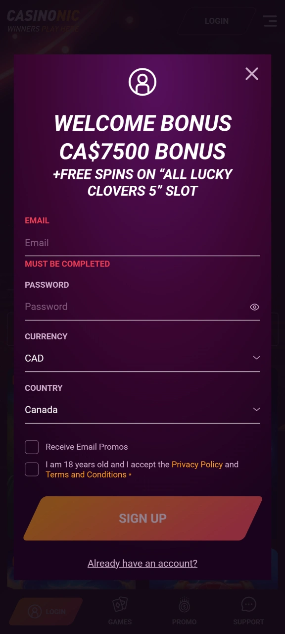Create a new account through the mobile interface to start playing your favorite slots instantly at Casinonic.