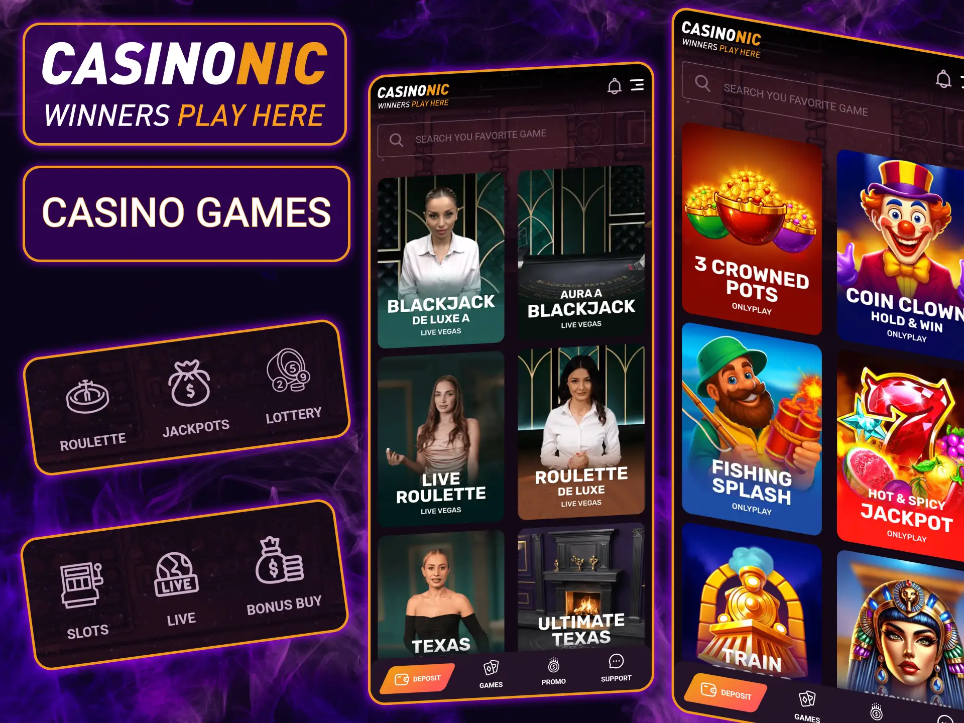 Explore thousands of casino games available in the Casinonic app, including high-definition live dealer tables and progressive slots.
