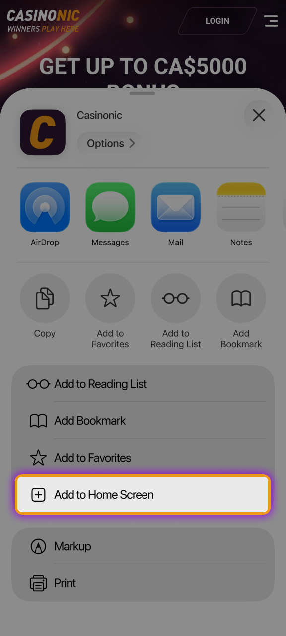 Tap Add to Home Screen to place the Casinonic icon alongside your other favorite apps for instant access.