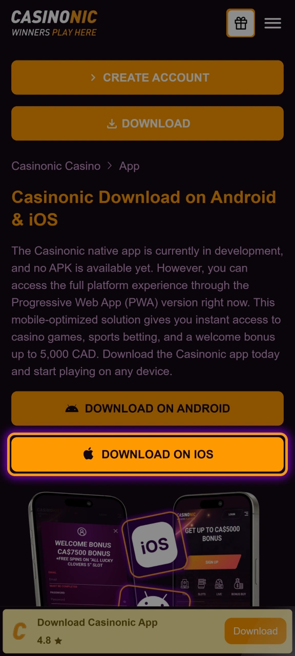 Click the Download for iOS button to initiate the setup of the Casinonic progressive web application.