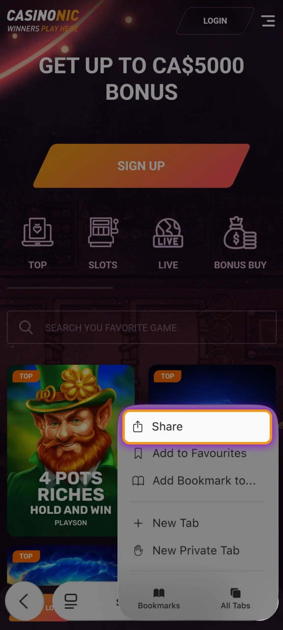 Tap Share button in your Safari browser to add Casinonic to your home screen.