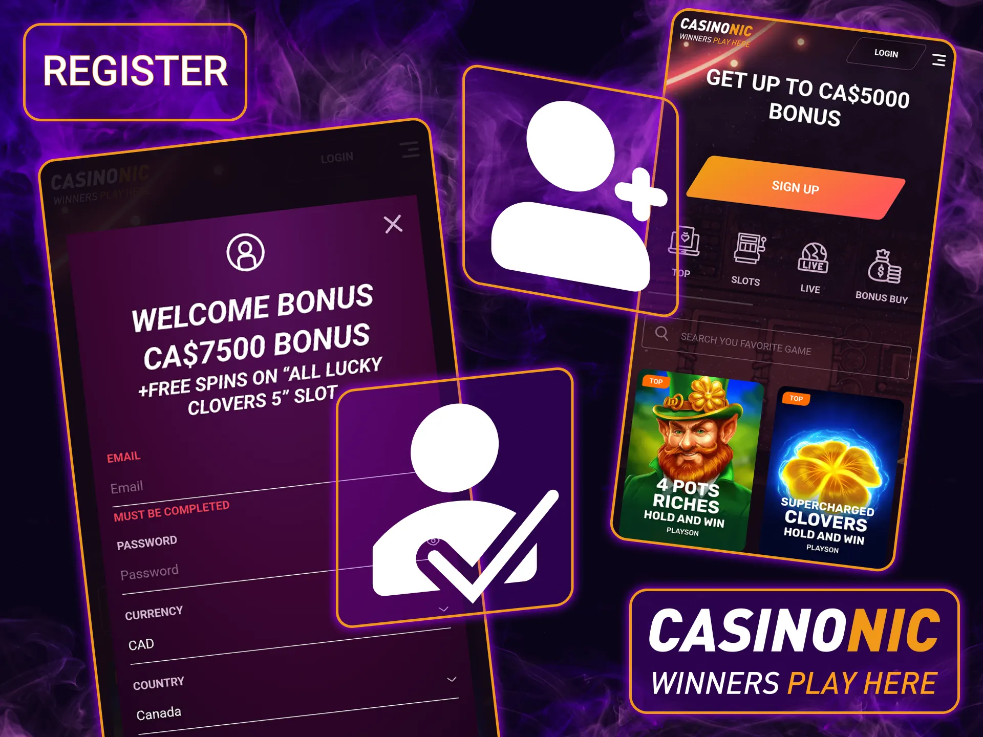 Follow the simple guide on how to register an account via Casinonic app in just a few taps.