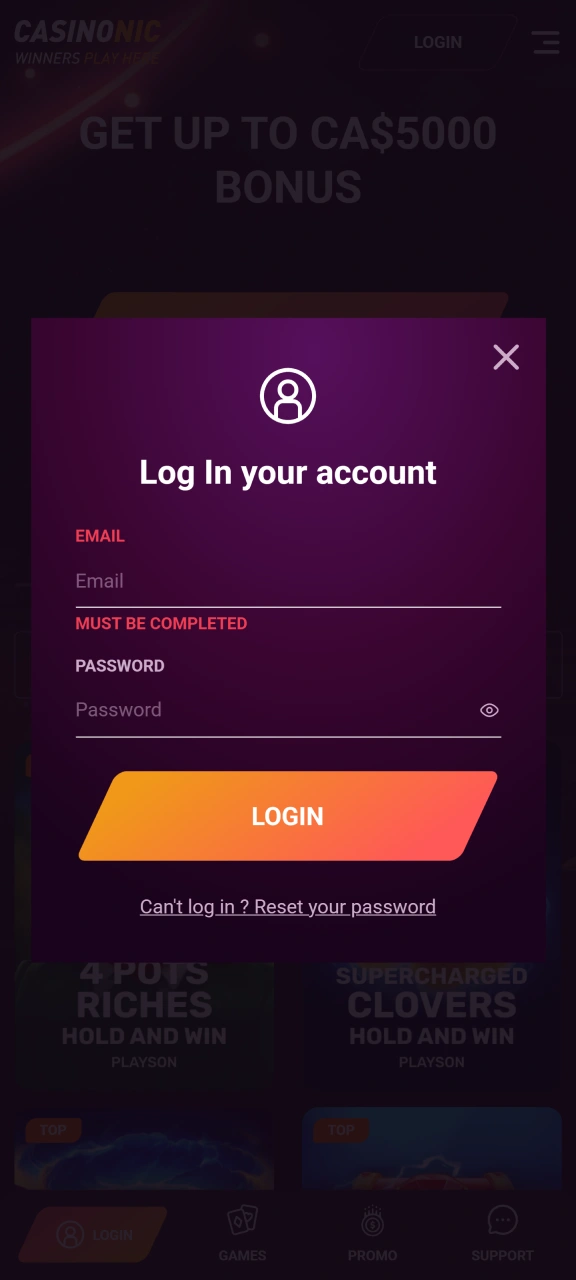 Enter your login credentials to sign in to your Casinonic account.