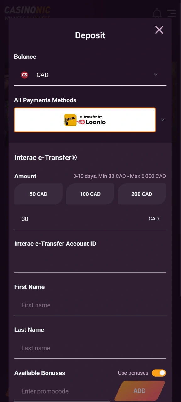Deposit funds into your Casinonic account to play for real money.