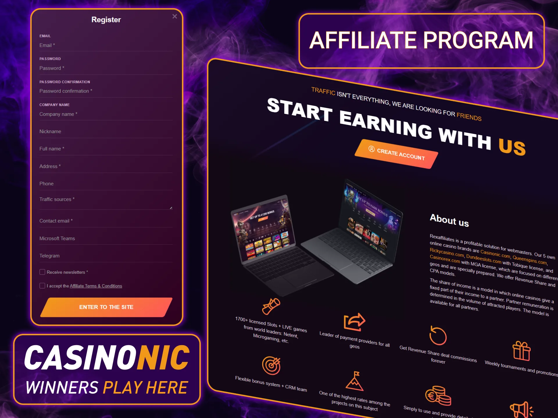 Join the affiliate program and partner with Casinonic to earn competitive commissions in the Canadian market.
