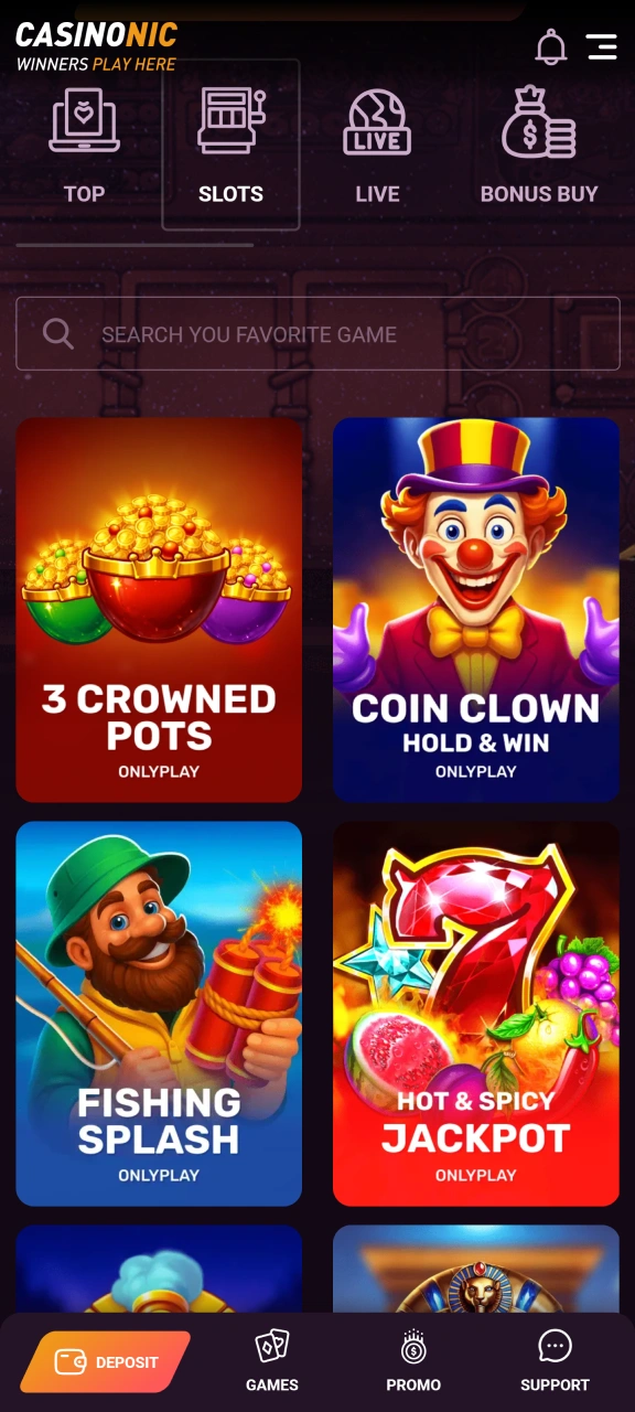 Browse the Casinonic game library to find your favorite categories, from progressive jackpots to classic table games.