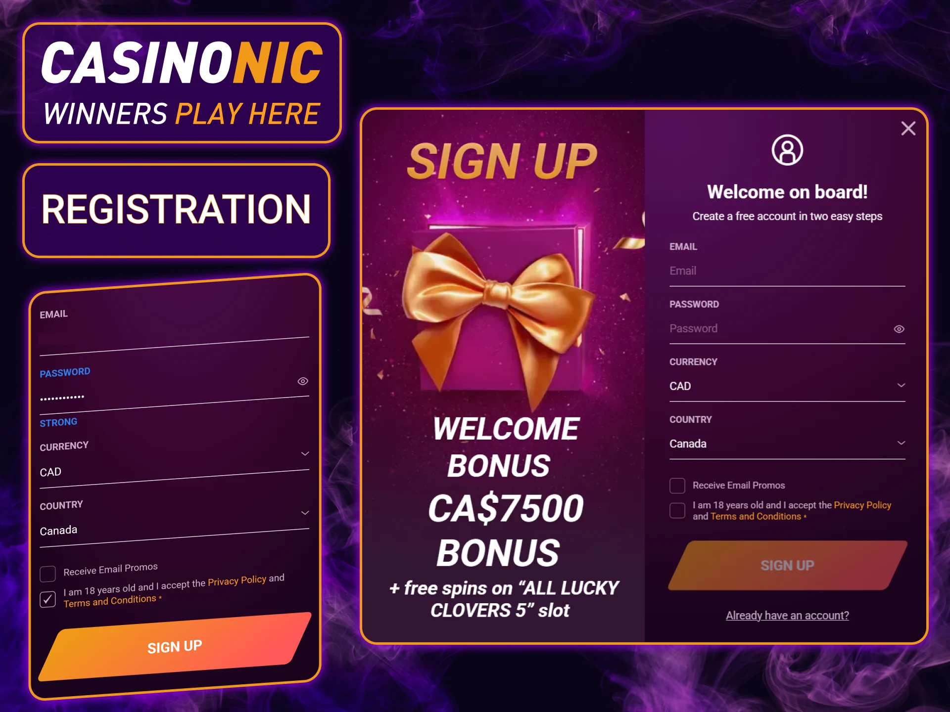 Follow our quick guide to Casinonic registration and join the action in under a minute.