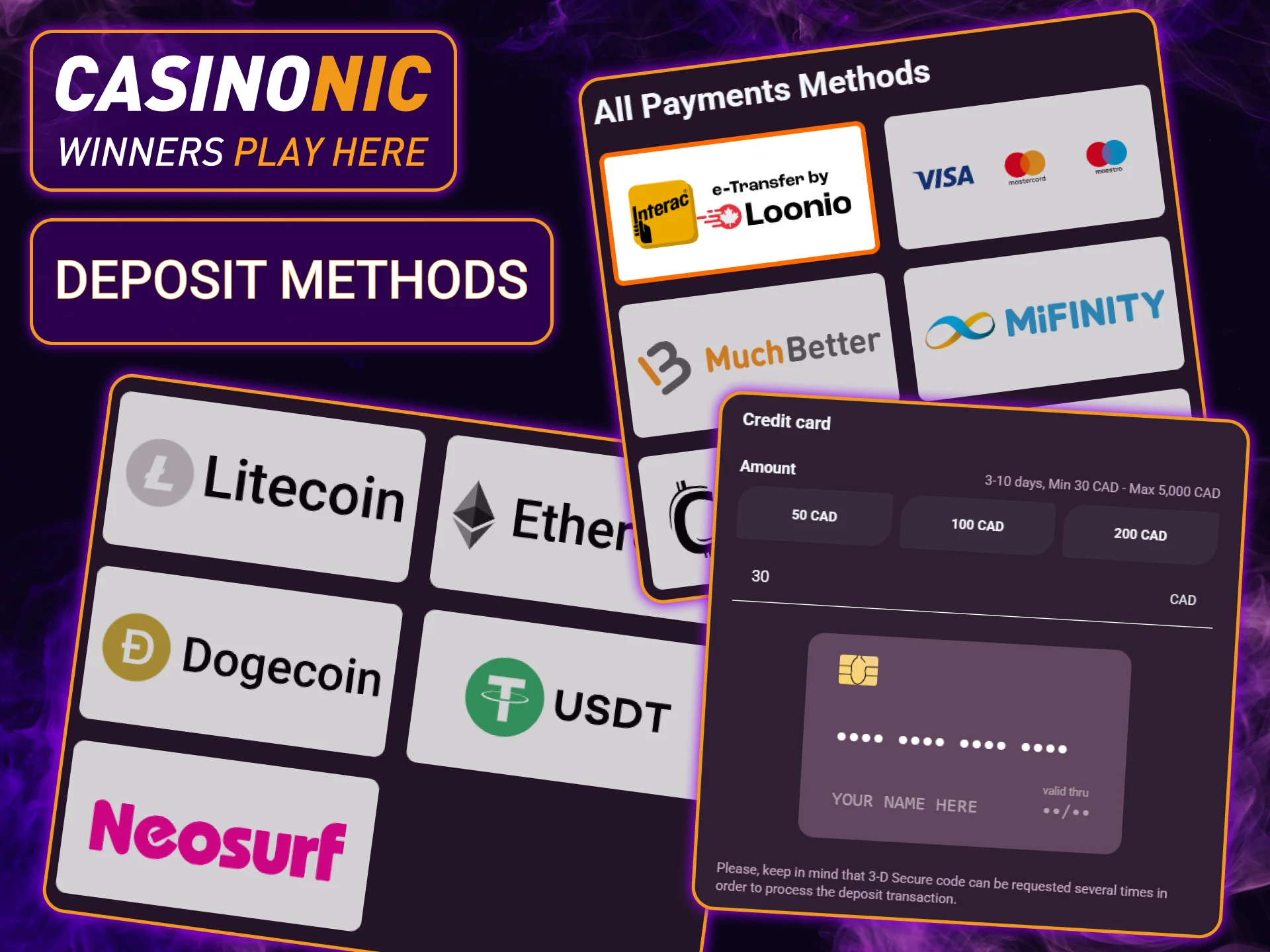 Explore the most popular Casinonic Canada account deposit methods, selected for their reliability and high speed.