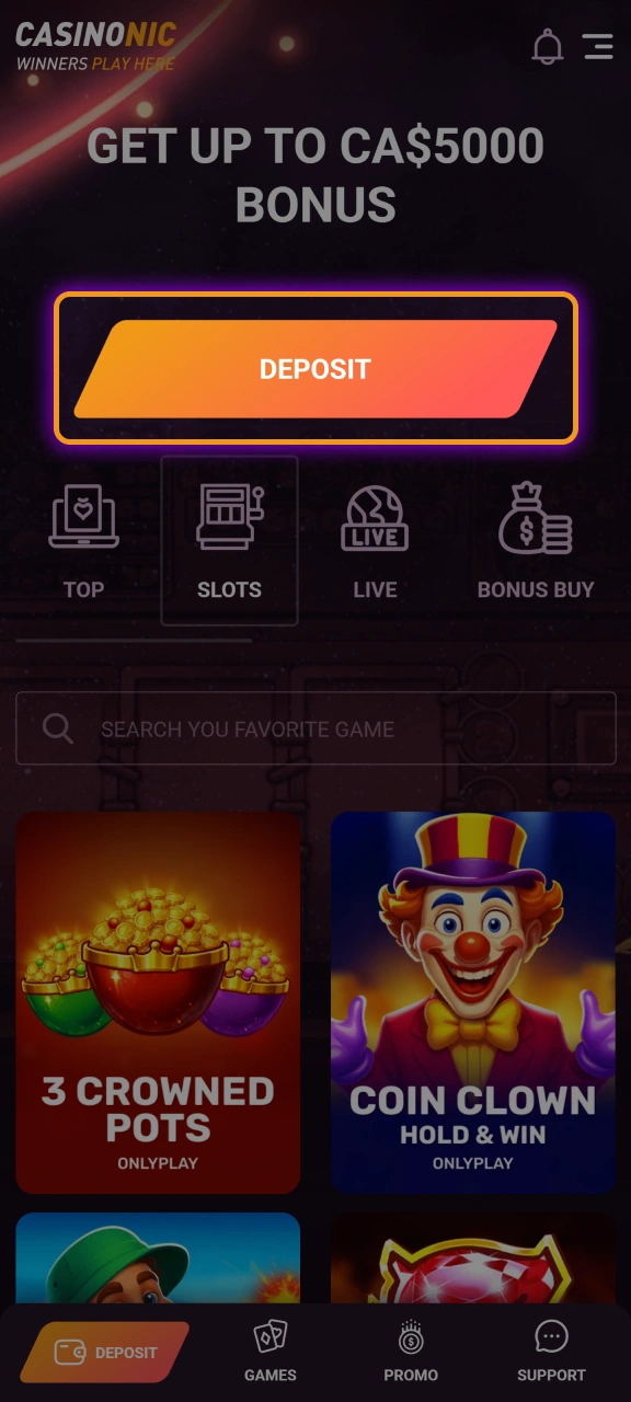Go to the Casinonic cashier and select Deposit to view the available account replenishment options for your region.