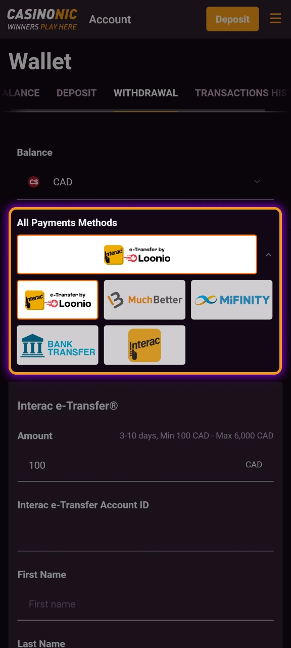 Choose your withdrawal method, ensuring it aligns with your deposit history for faster processing at Casinonic.