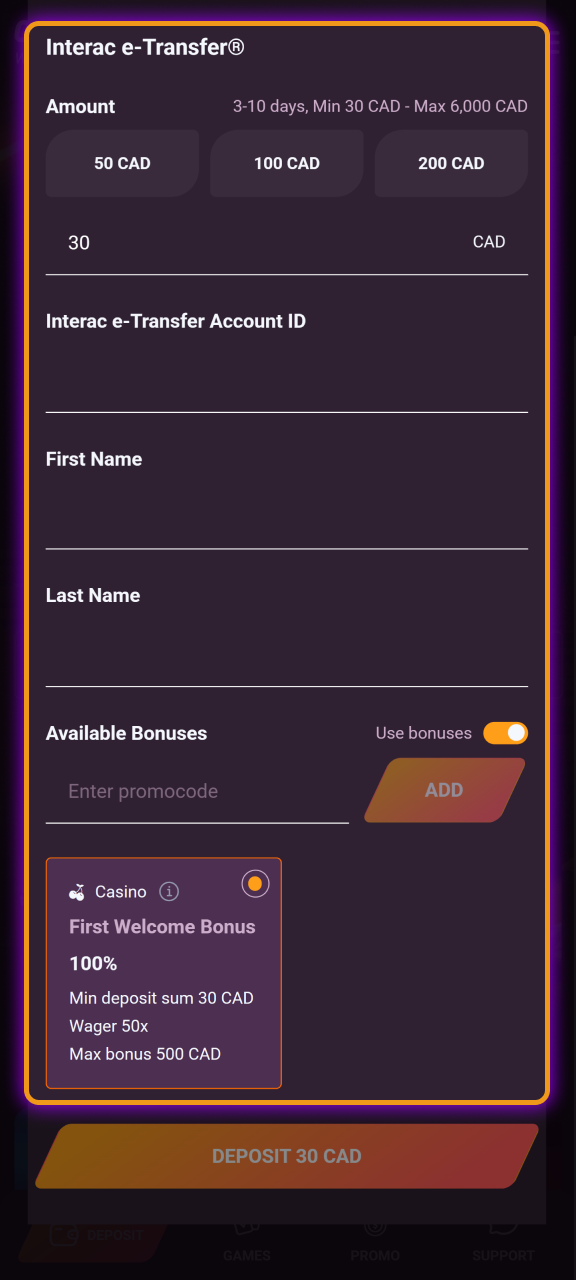 Enter payment details and specify the amount you wish to add to your Casinonic balance.