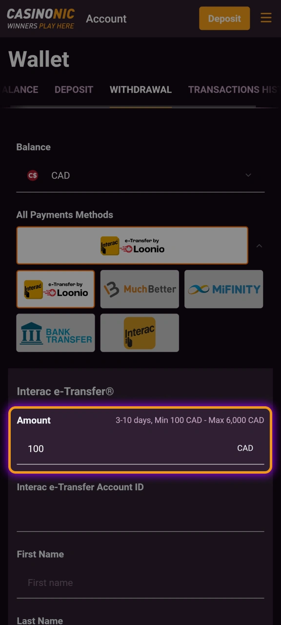 Enter the withdrawal amount you wish to cash out from Casinonic, keeping the daily and monthly limits in mind.