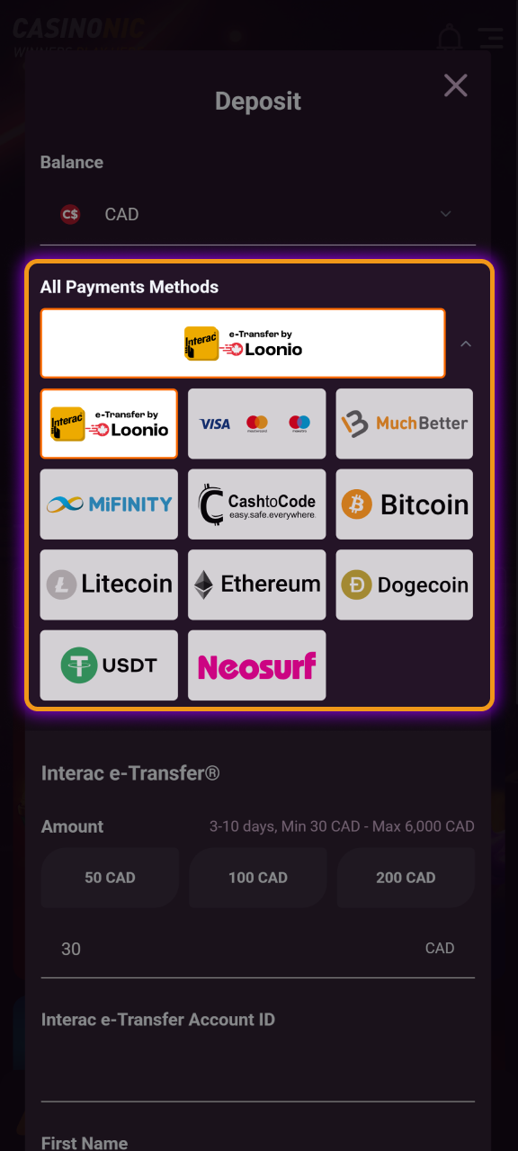 Select Casinonic payment method from a variety of trusted Canadian options like Interac, Visa, or popular cryptocurrencies.