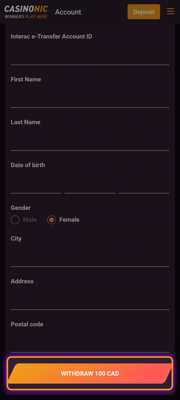 Submit your request and track the status of your payout through the Casinonic transaction history.