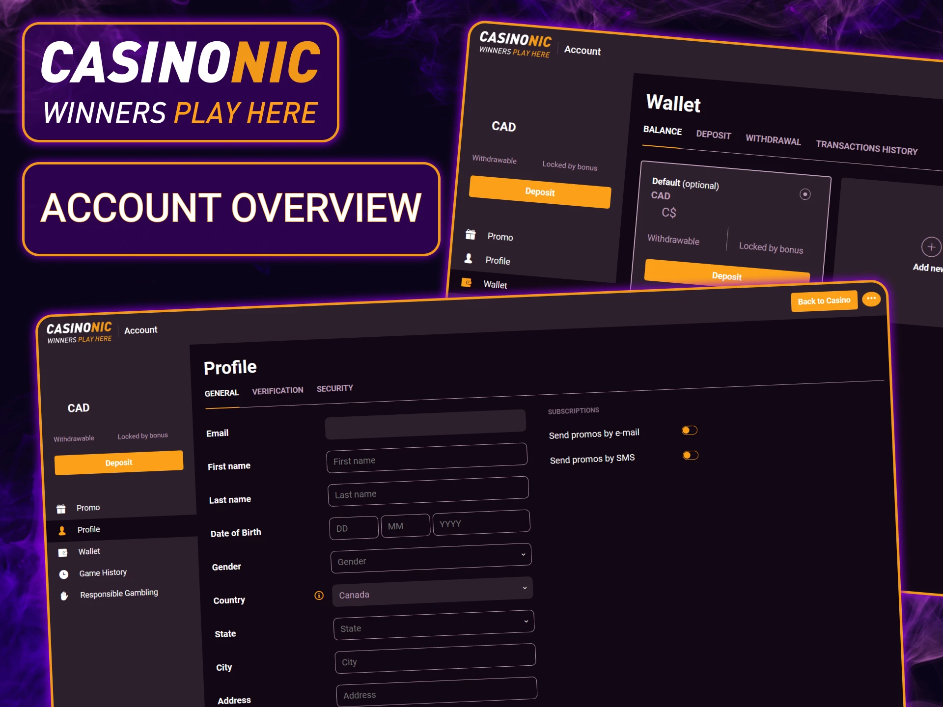 Access your account to manage your balance, track your bonus progress, and view your betting history at Casinonic.