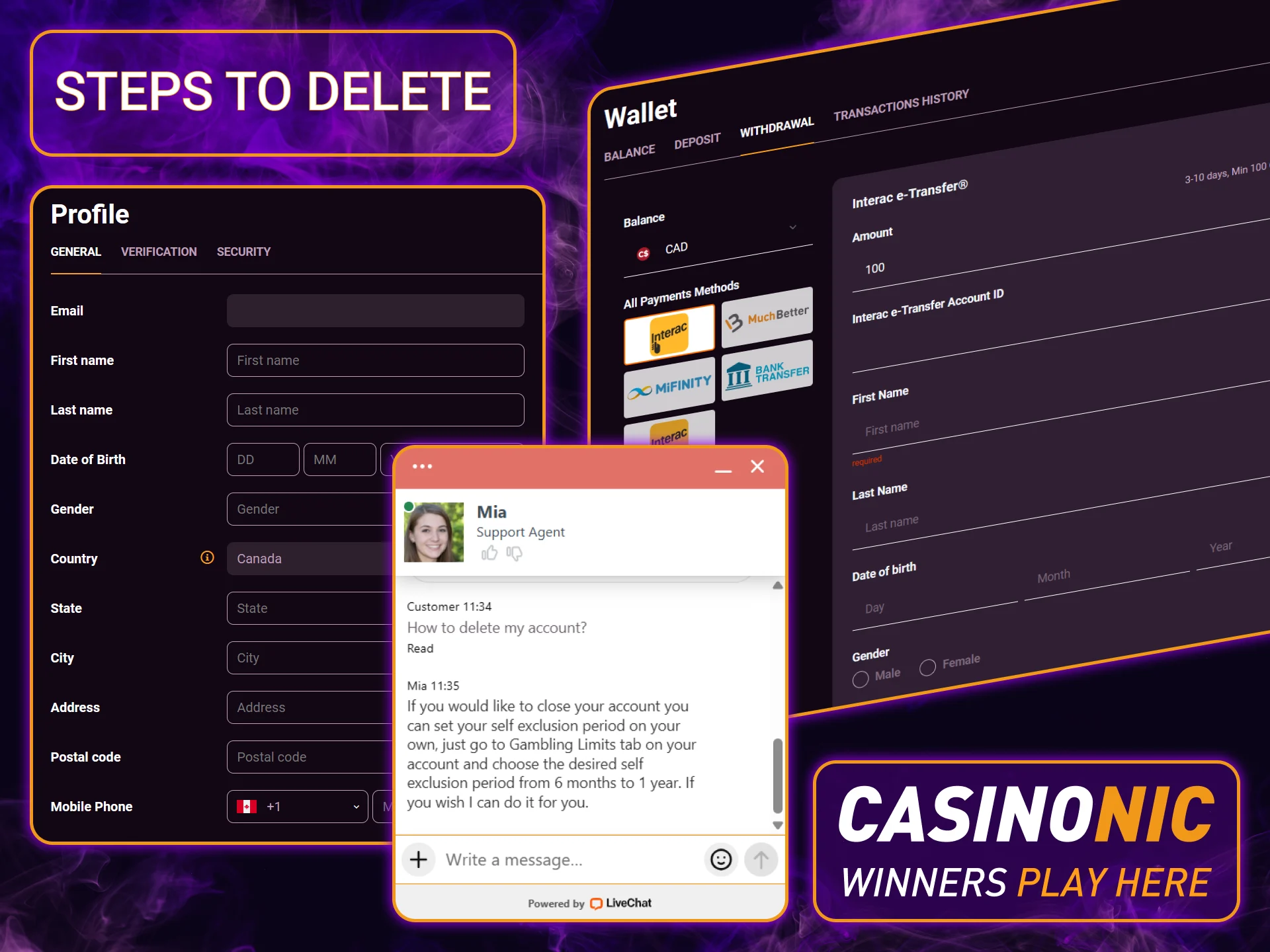 Find out how to delete the Casinonic account if you choose to close your profile or take a break from gaming.