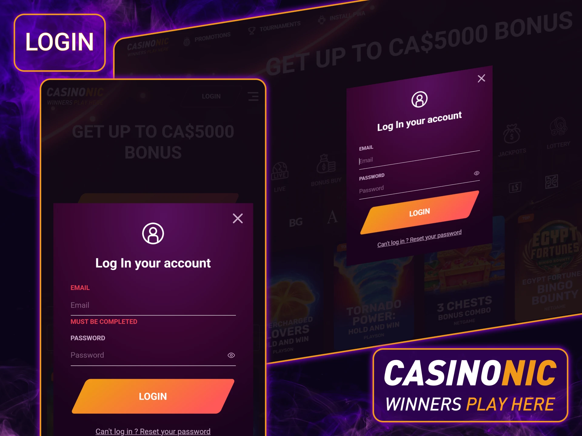 Use our quick-access guide to login to Casinonic account and get back to your favorite slots in seconds.