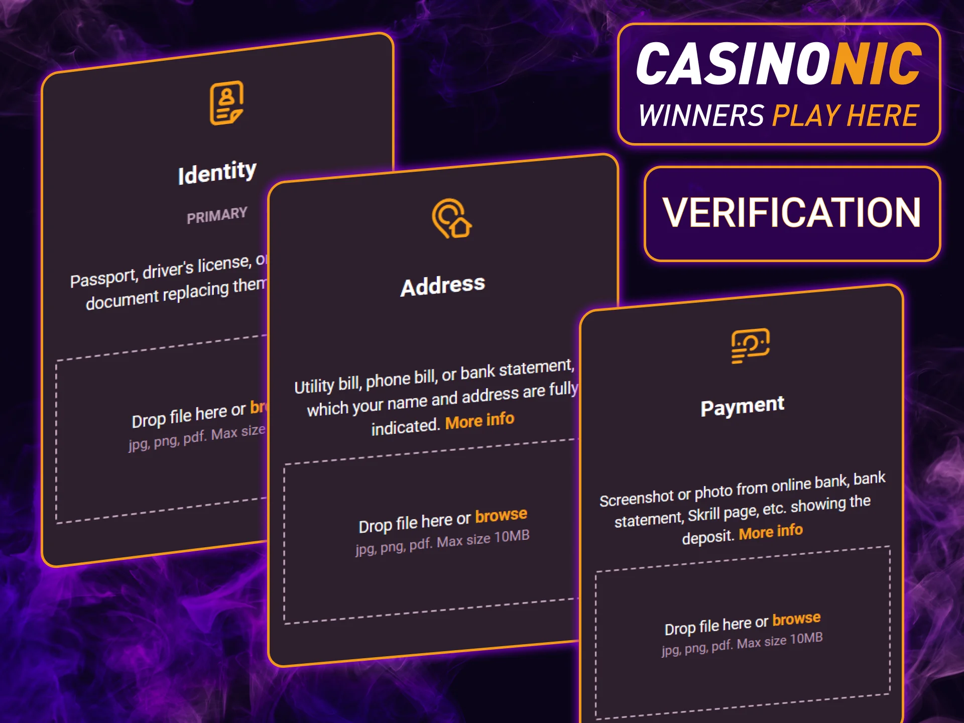 Complete the account verification process to ensure the highest level of security and enable fast withdrawals at Casinonic.