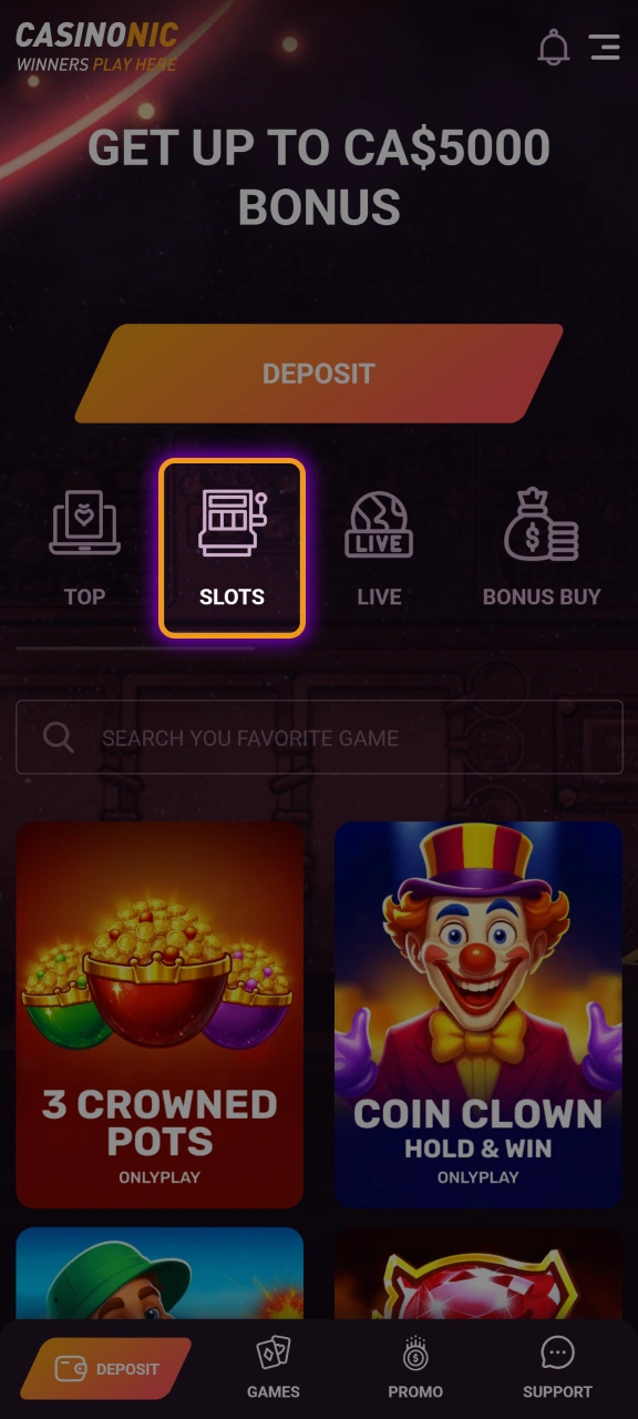 Navigate to the Slots section to filter through thousands of available themes and mechanics at Casinonic.