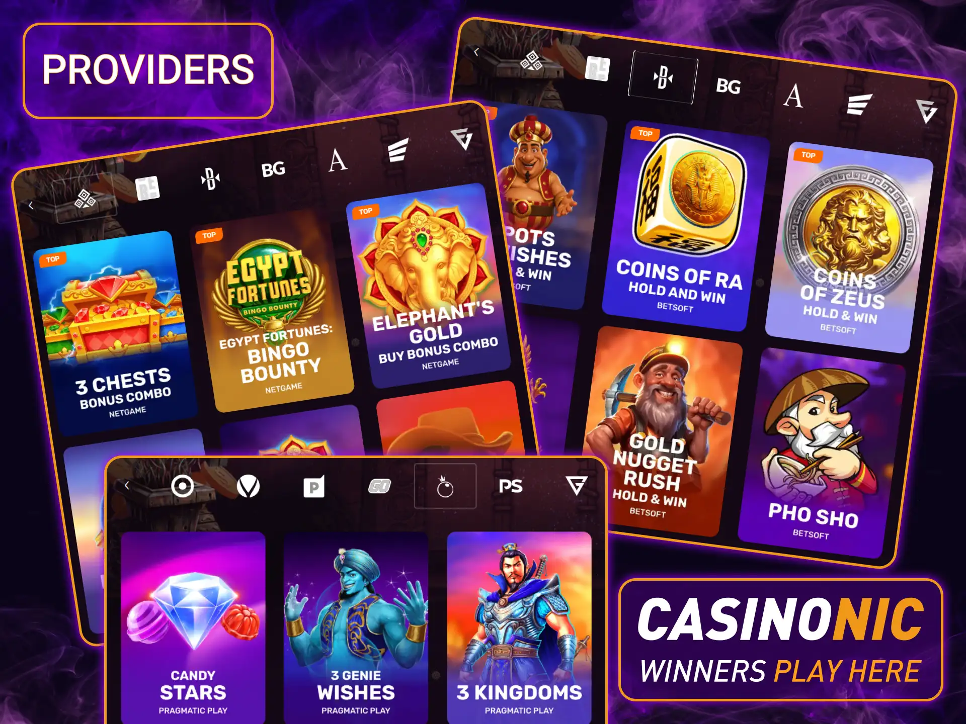 Check out the elite Casinonic slots providers, including giants like Pragmatic Play, Play'n GO, and NetEnt.